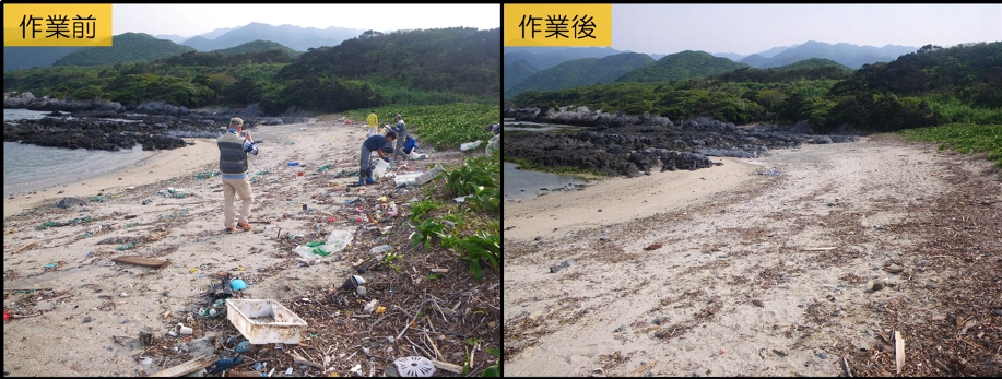 塚崎海岸右側の清掃前と後の比較