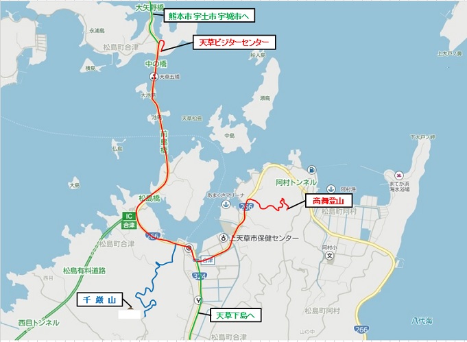 天草上島の地図にチェックイン地点と経路を表示した図