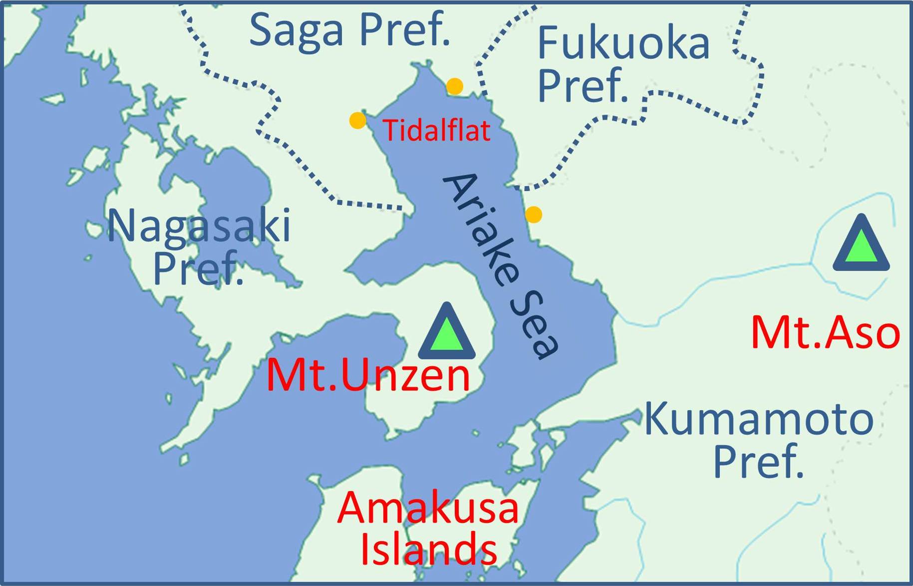 Map showing positional relationship among Ariake Tidalflat, Mt.Aso and Mt.Unzen