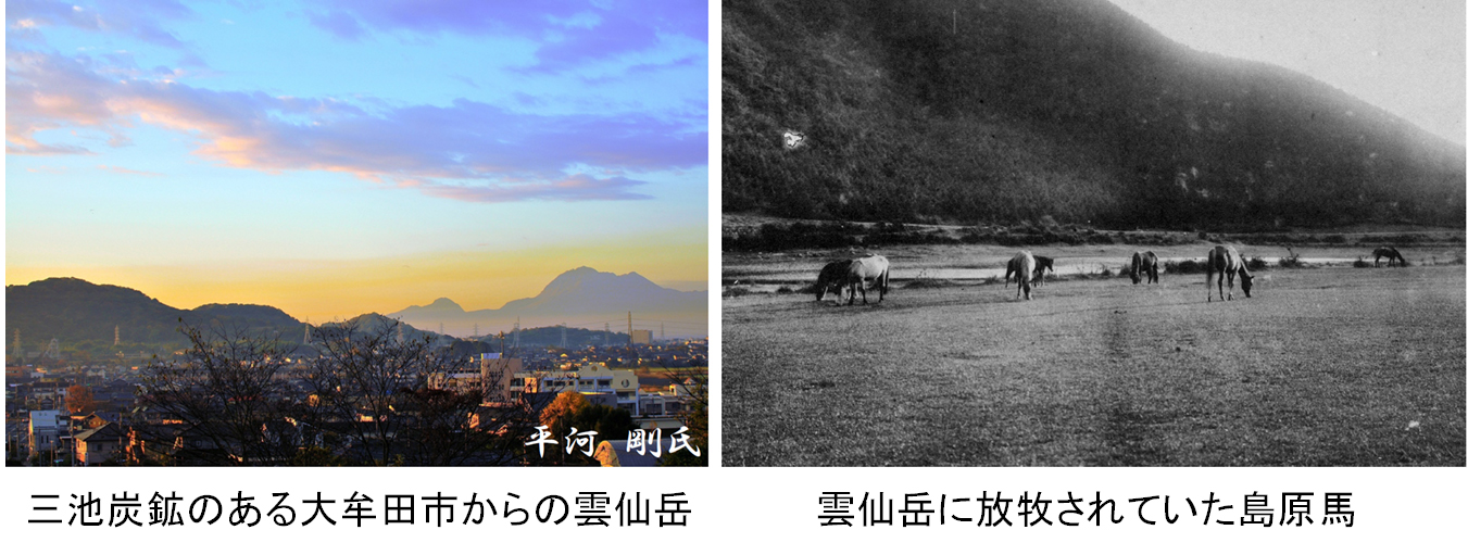 三池炭鉱のある大牟田市からの雲仙岳　雲仙岳に放牧されていた島原馬