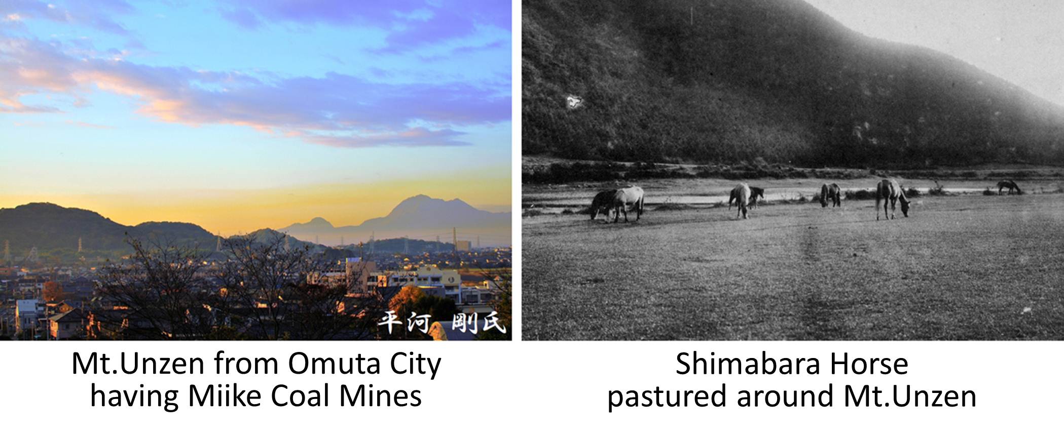 Mt.Unzen from Omuta City having Miike Coal Mines  Shimabara Horse pastured around Mt.Unzen