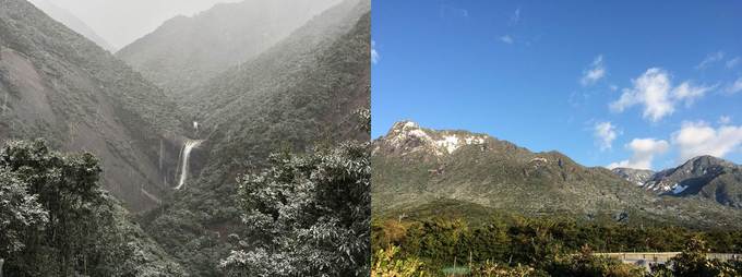 吹雪の千尋滝と雪化粧のモッチョム岳