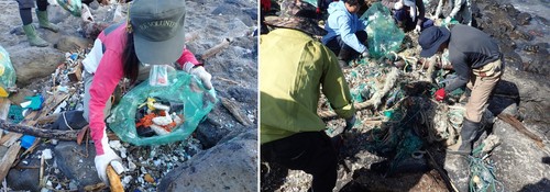 細かなプラスチックゴミや漁網を回収する様子