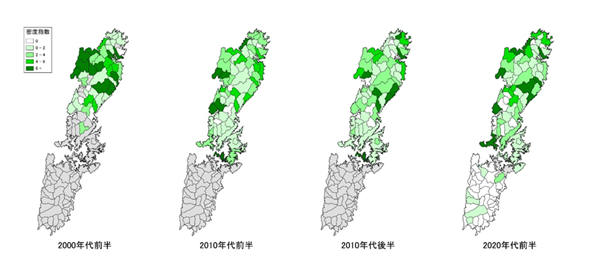 図４．第三次調査から第六次調査までの密度分布の推移