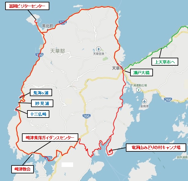 天草下島の地図にチェックイン地点と経路を表示した図