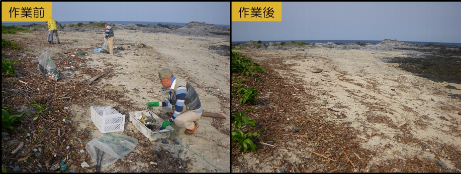 塚崎海岸左側の清掃前と後の比較