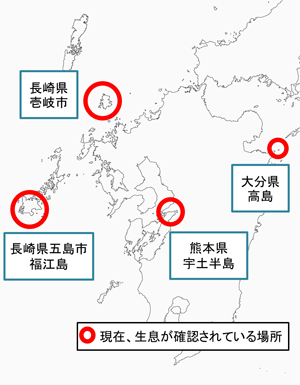 図：九州で現在、生息が確認されている場所