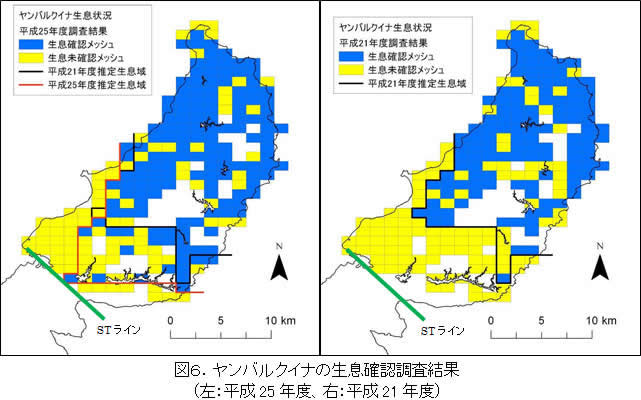 図６．ヤンバルクイナの生息確認調査結果-（左：平成25年度、右：平成21年度）